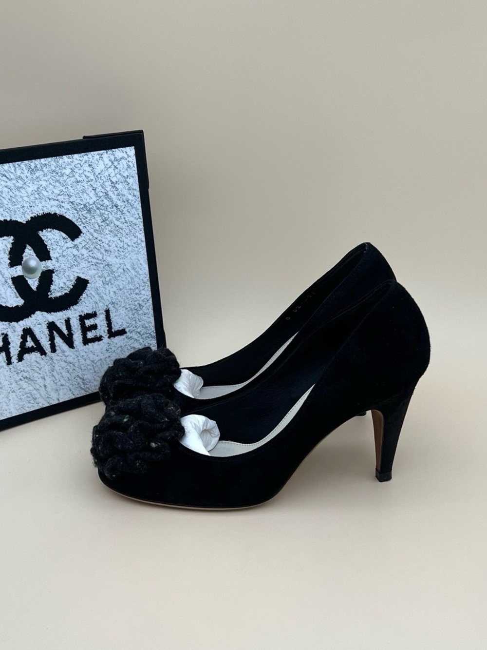 CHANEL Black Suede Camellia-Embellished Mid-Heel Pumps